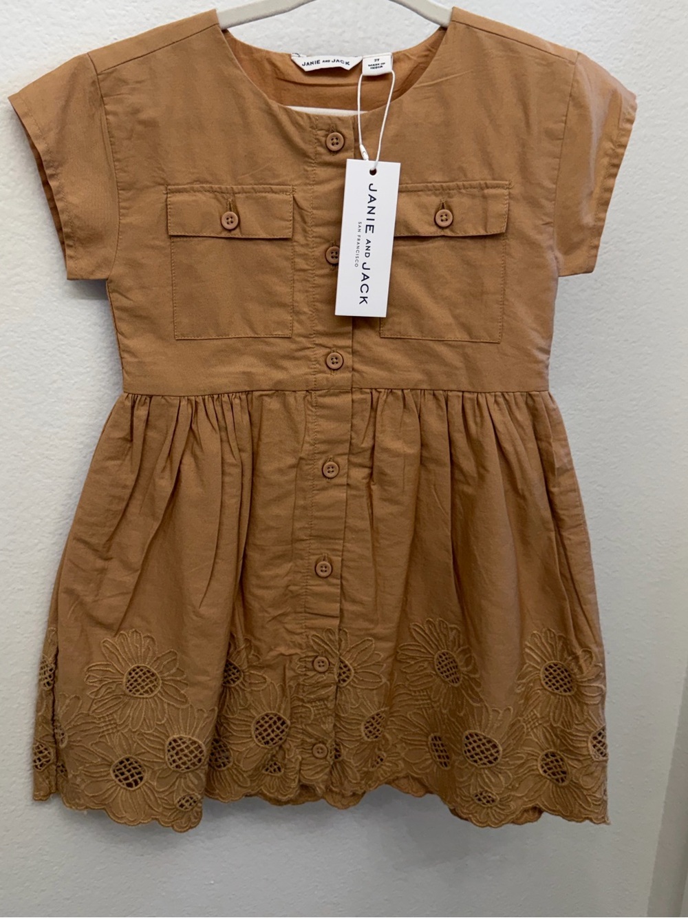 Janie and Jack Tan Button-Front Embroidered Hem Dress
